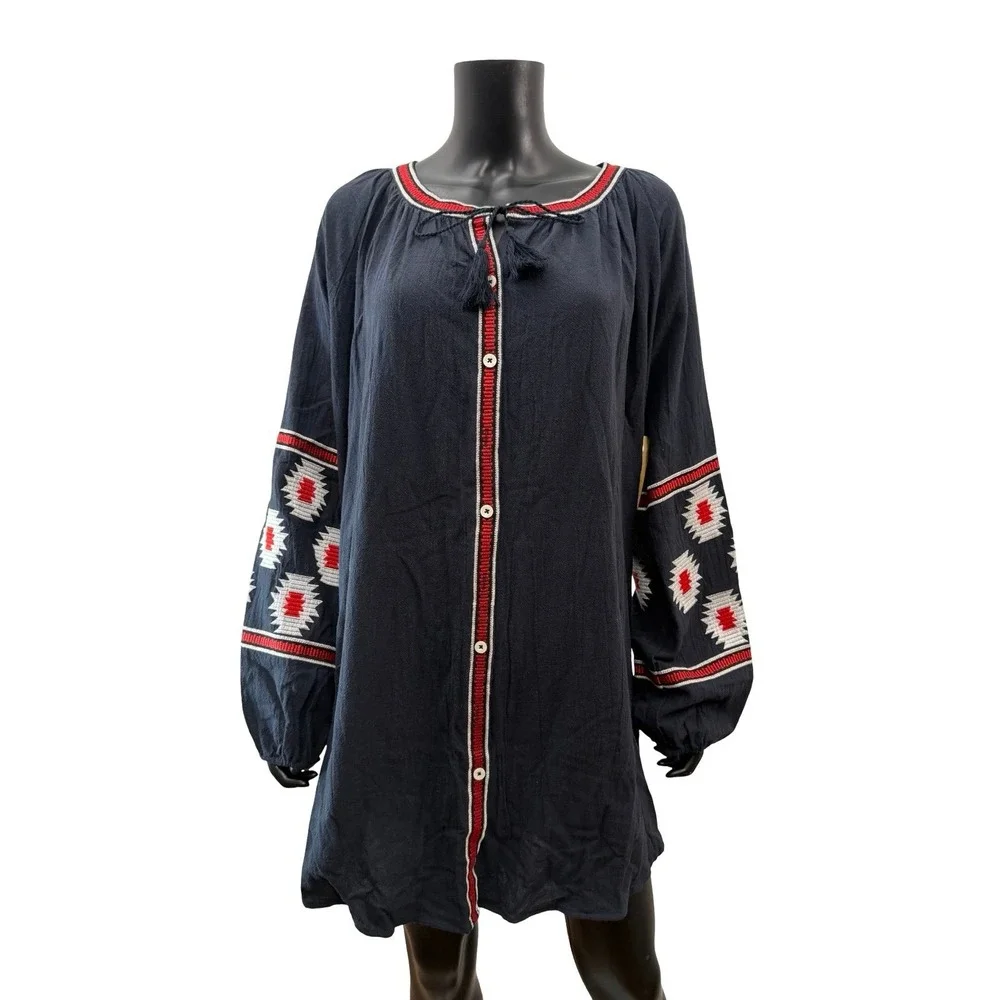 Michael Kors M Navy Embroidered Peasant Tunic Dress Button Front NWT